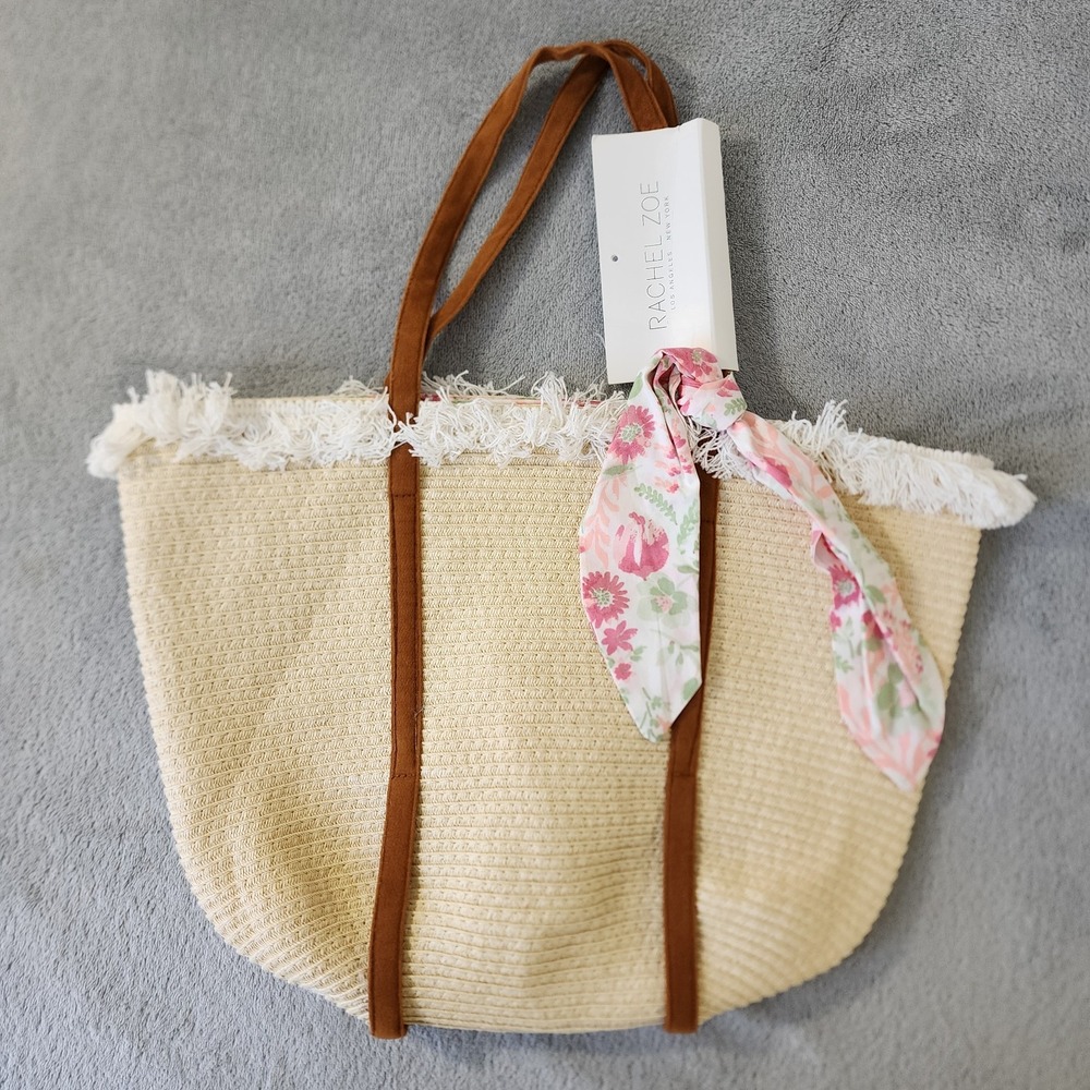 Rachel Zoe Bag Woven Raffia With Pink Floral Tie and Fringe Detail on Top